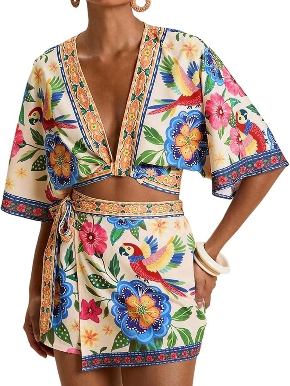 MakeMeChic Women's 2 Piece Summer Sets Boho Wrap Skirt Set Vacation Outfits
